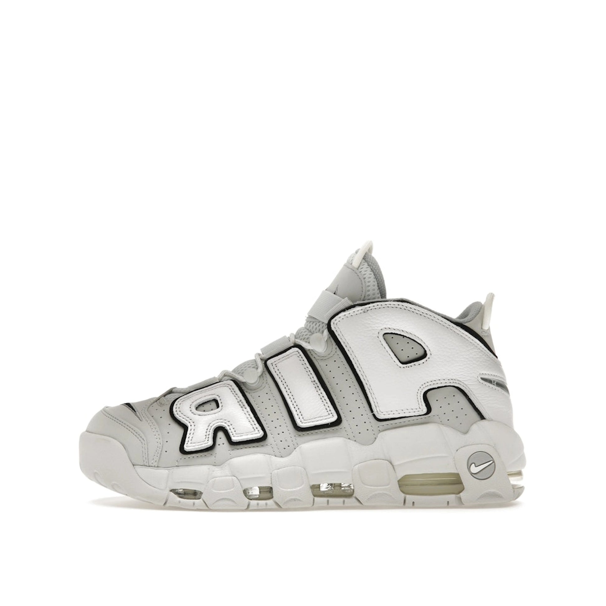 Nike Air More Uptempo 96 Photon Dust sneakers, side view, model FB3021-001 in photon dust with white accents.