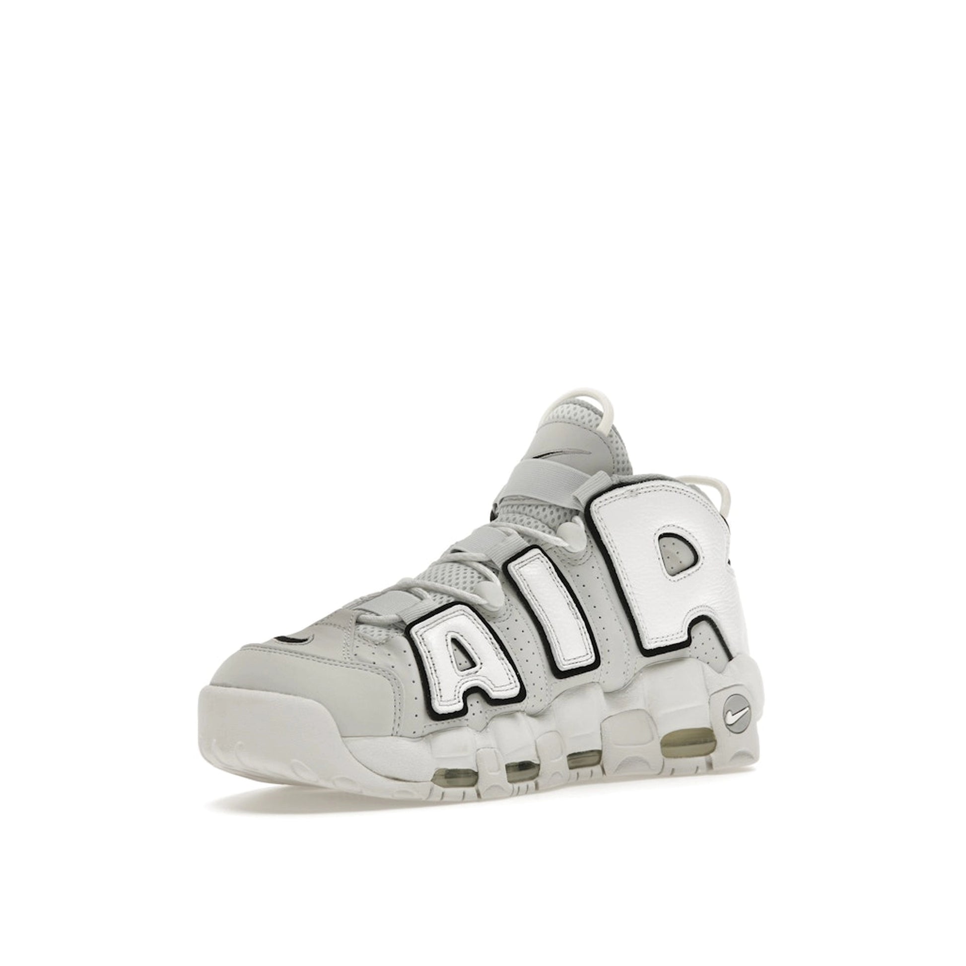 Nike Air More Uptempo 96 Photon Dust sneakers, front view, model FB3021-001 in photon dust with white accents.