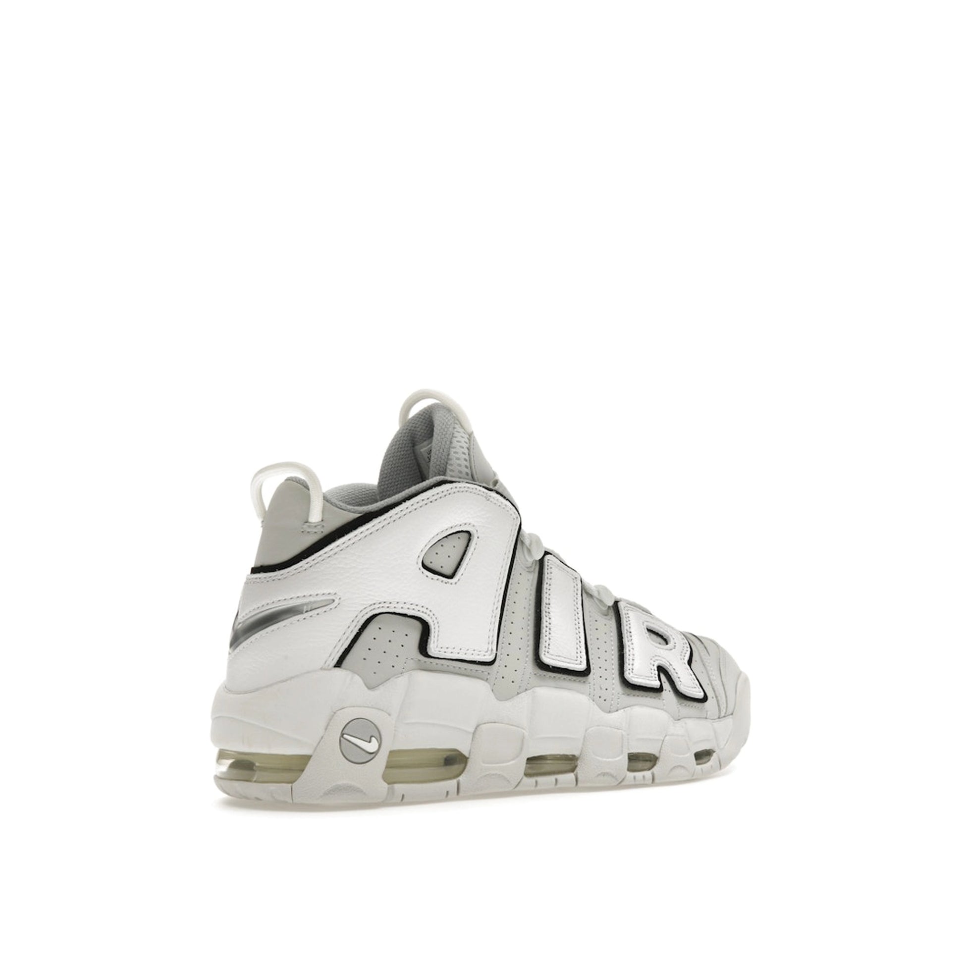 Nike Air More Uptempo 96 Photon Dust sneakers, back view, model FB3021-001 in photon dust with white accents.