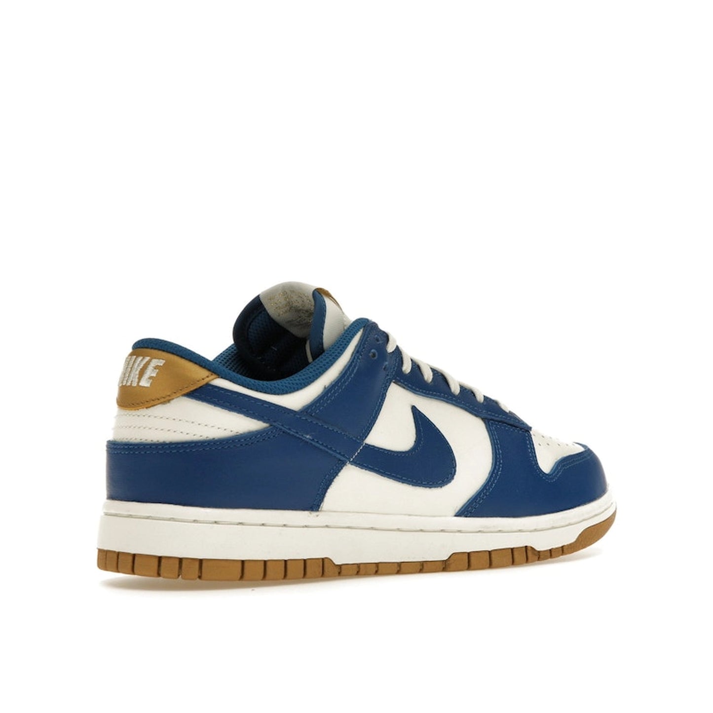 Nike Dunk Low Kansas City Royals Women’s sneakers, back view, in white and royal blue.