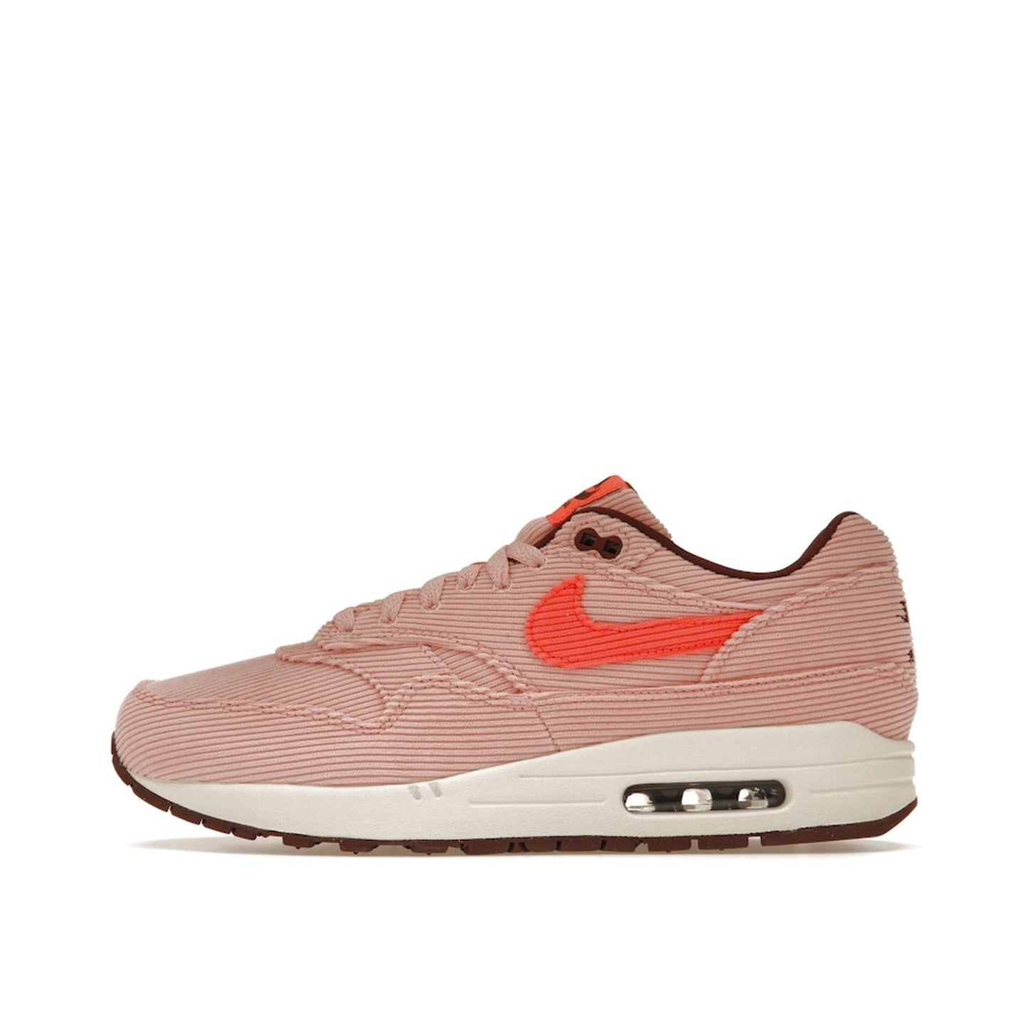 Nike Air Max 1 PRM Corduroy sneakers, side view, model FB8915-600 in coral red.