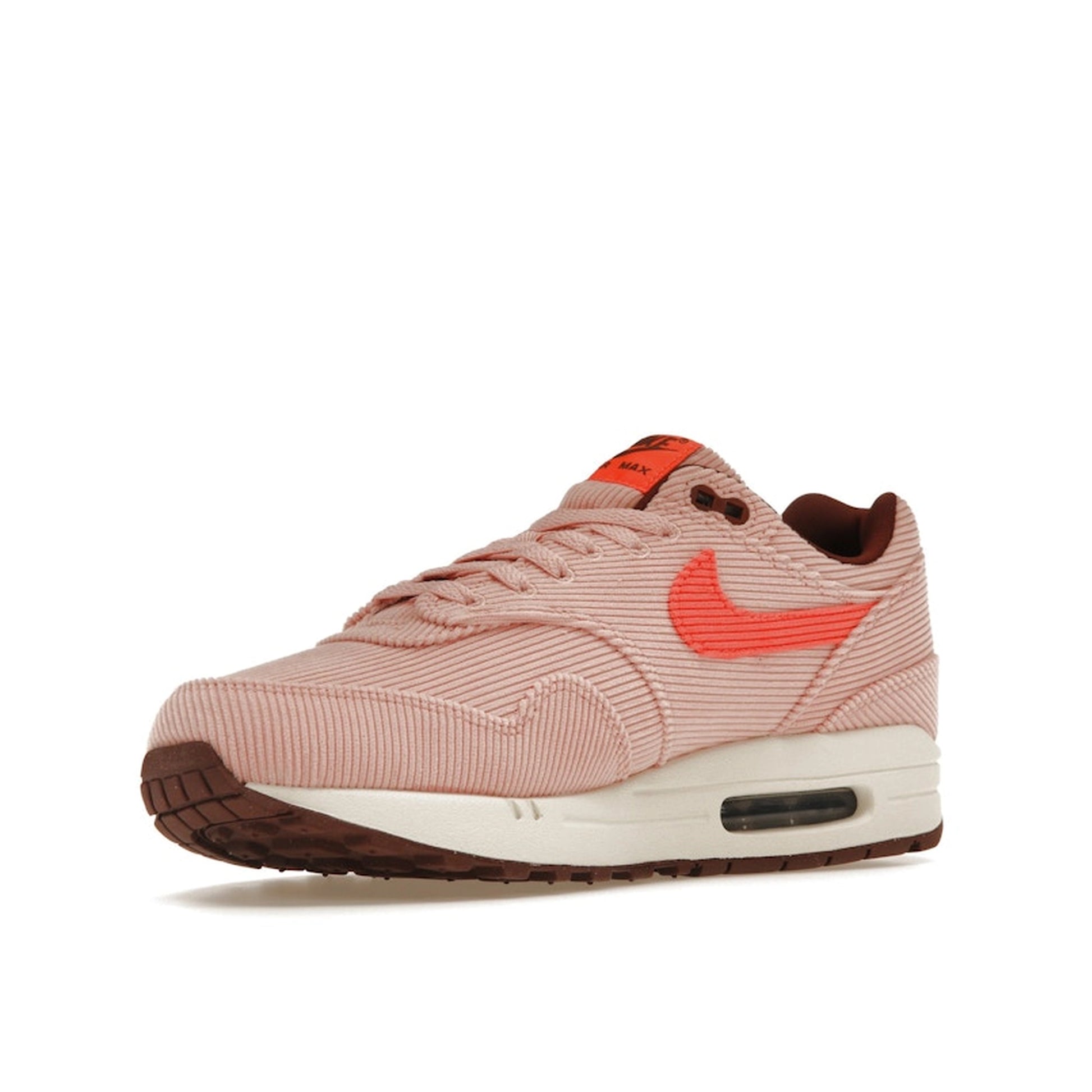 Nike Air Max 1 PRM Corduroy sneakers, front view, model FB8915-600 in coral red.