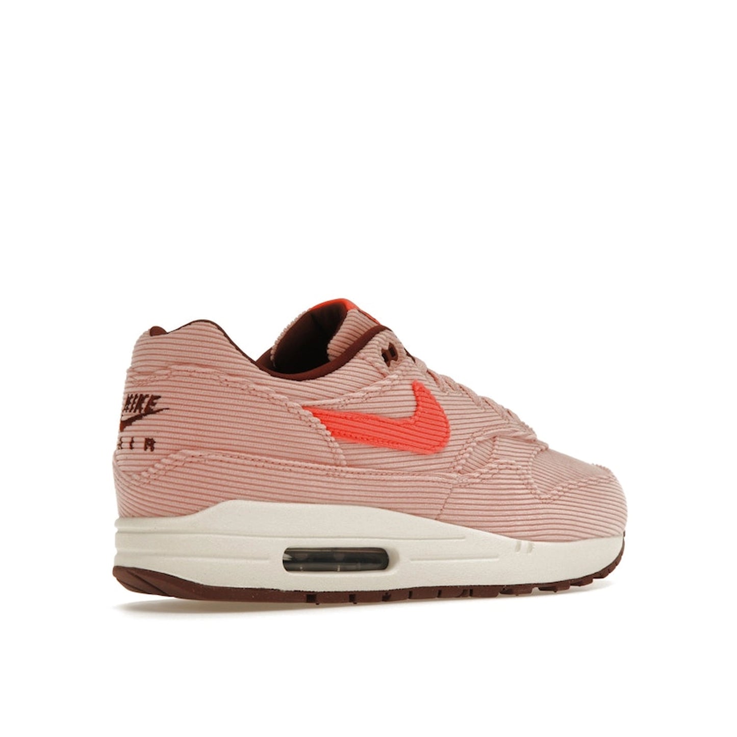 Nike Air Max 1 PRM Corduroy sneakers, back view, model FB8915-600 in coral red.