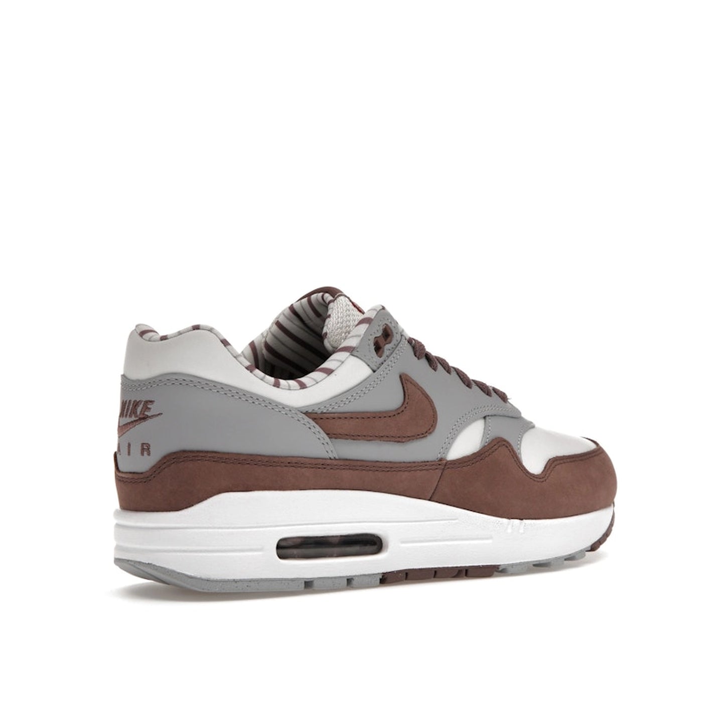 Nike Air Max 1 Premium Shima Shima 2023 sneakers, back view, model FB8916-100, brown with white and grey accents.