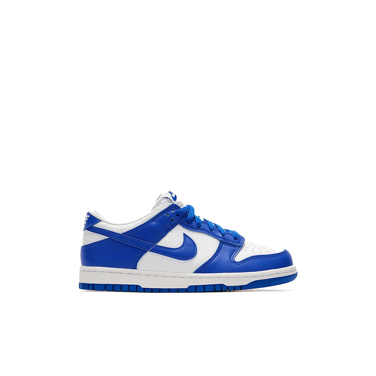 Nike Dunk Low kids in white leather with hyper royal accents