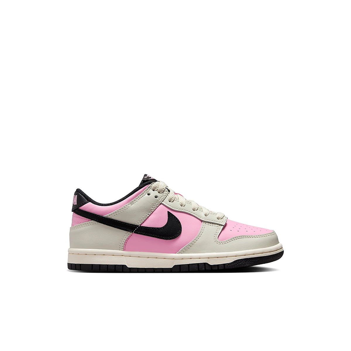 Nike Dunk Low kids in pink rise, light orewood brown, pale ivory and black leather