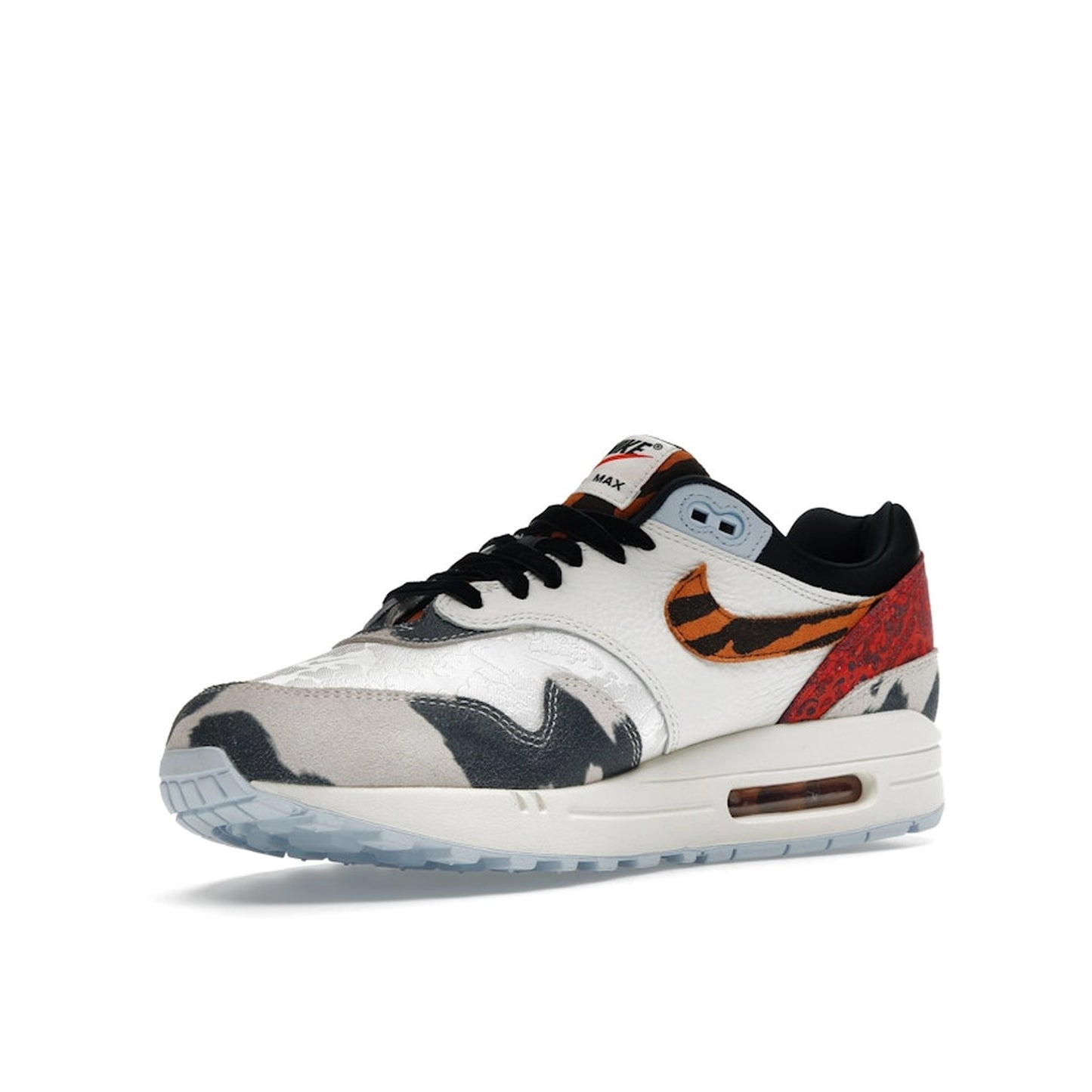 Nike Air Max 1 '87 Great Indoors Women's sneakers, front view, model FD0827-133, in cream with animal print details.