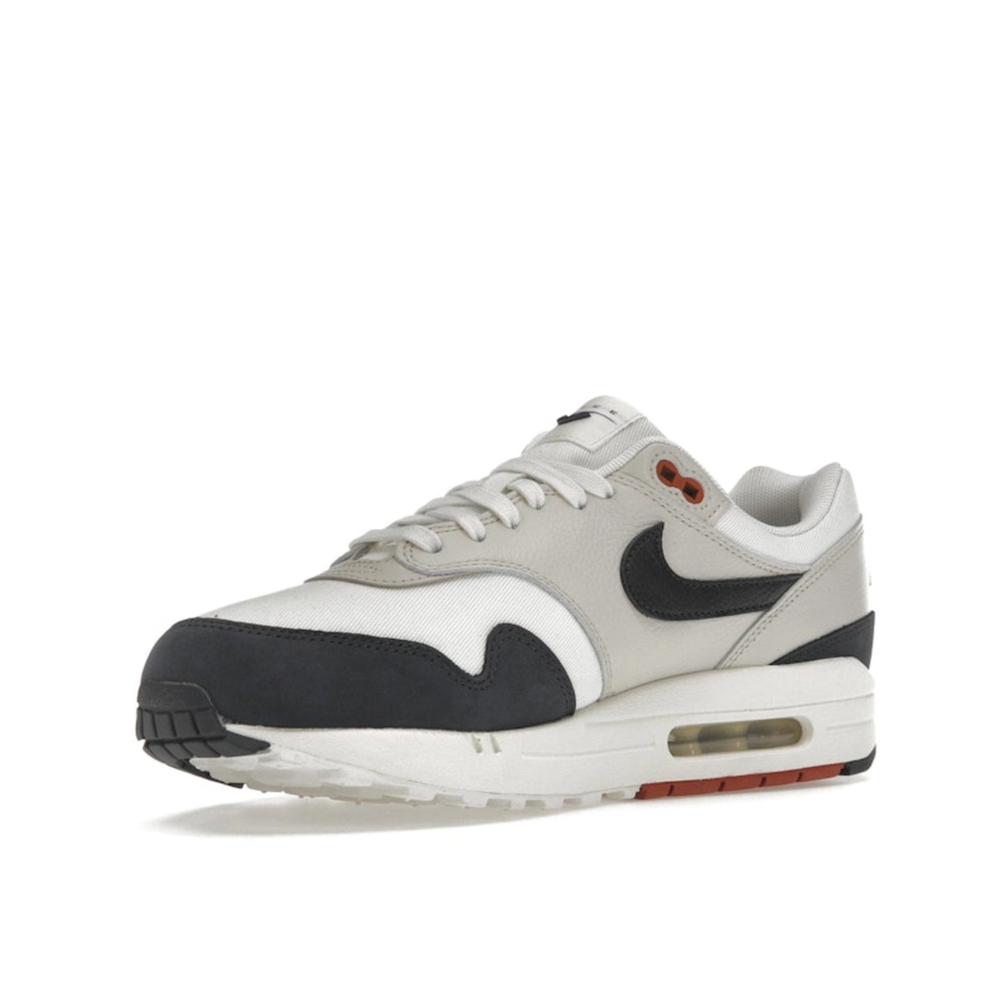 Nike Air Max 1 LX Obsidian Light Orewood Brown Women's sneakers, front view, model FD2370-110 in obsidian with light orewood brown accents.