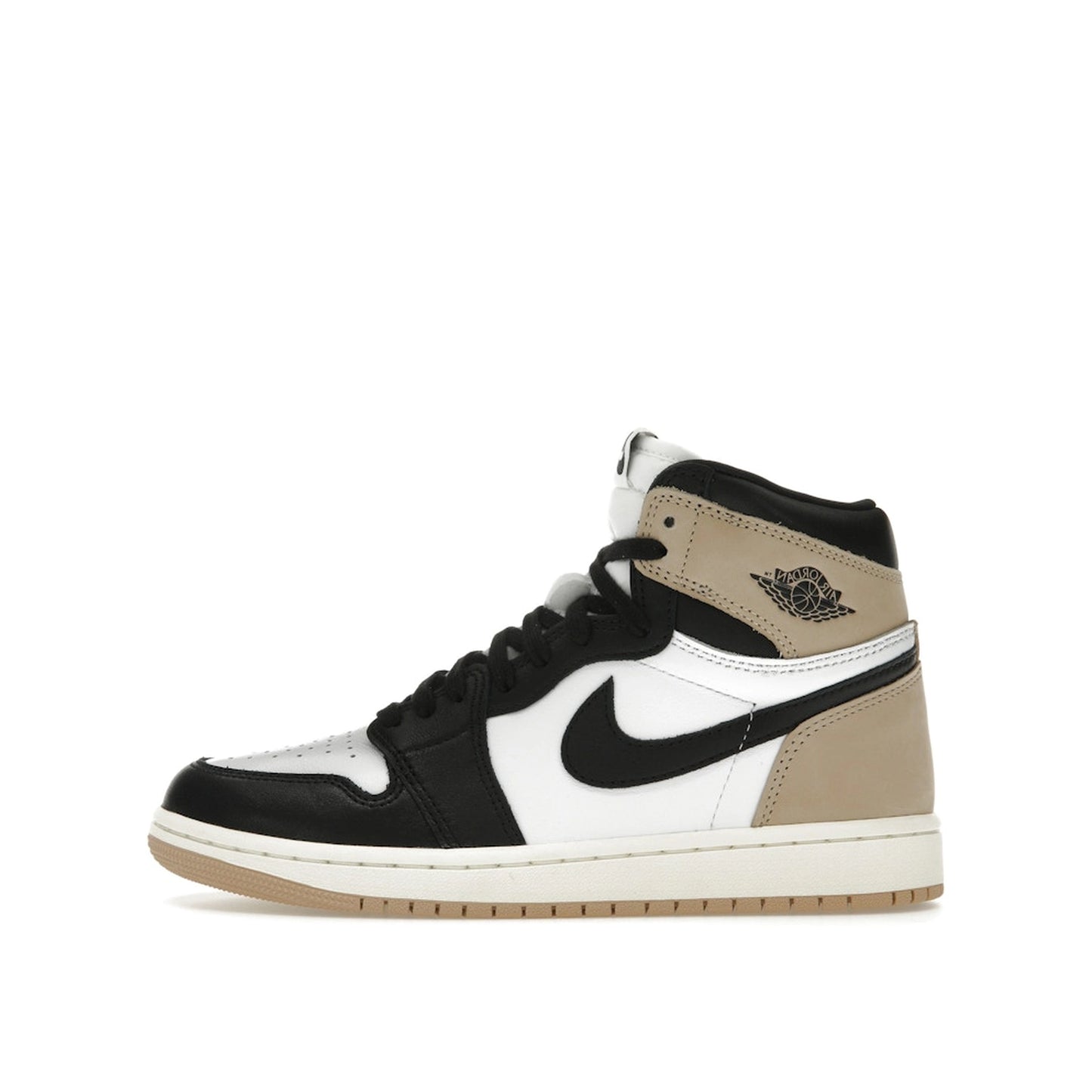 Jordan 1 Retro High OG Latte sneakers for women, side view, model FD2596-021, in beige with chocolate accents.