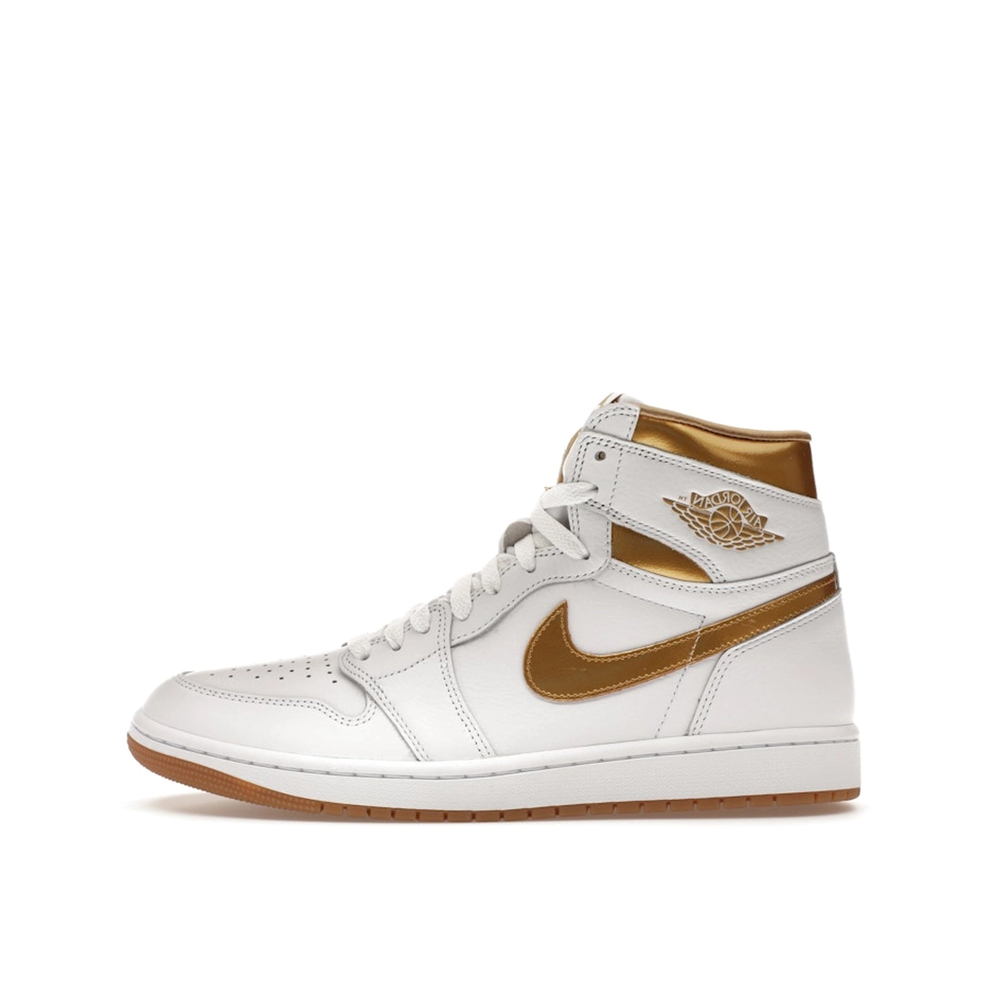 Jordan 1 Retro High OG Metallic Gold Women's sneakers, side view, model FD2596-107, in white with metallic gold details.