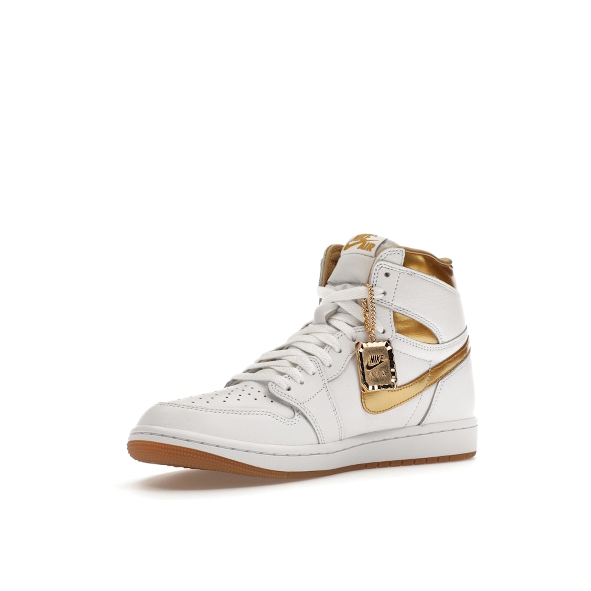 Jordan 1 Retro High OG Metallic Gold Women's sneakers, front view, model FD2596-107, in white with metallic gold details.