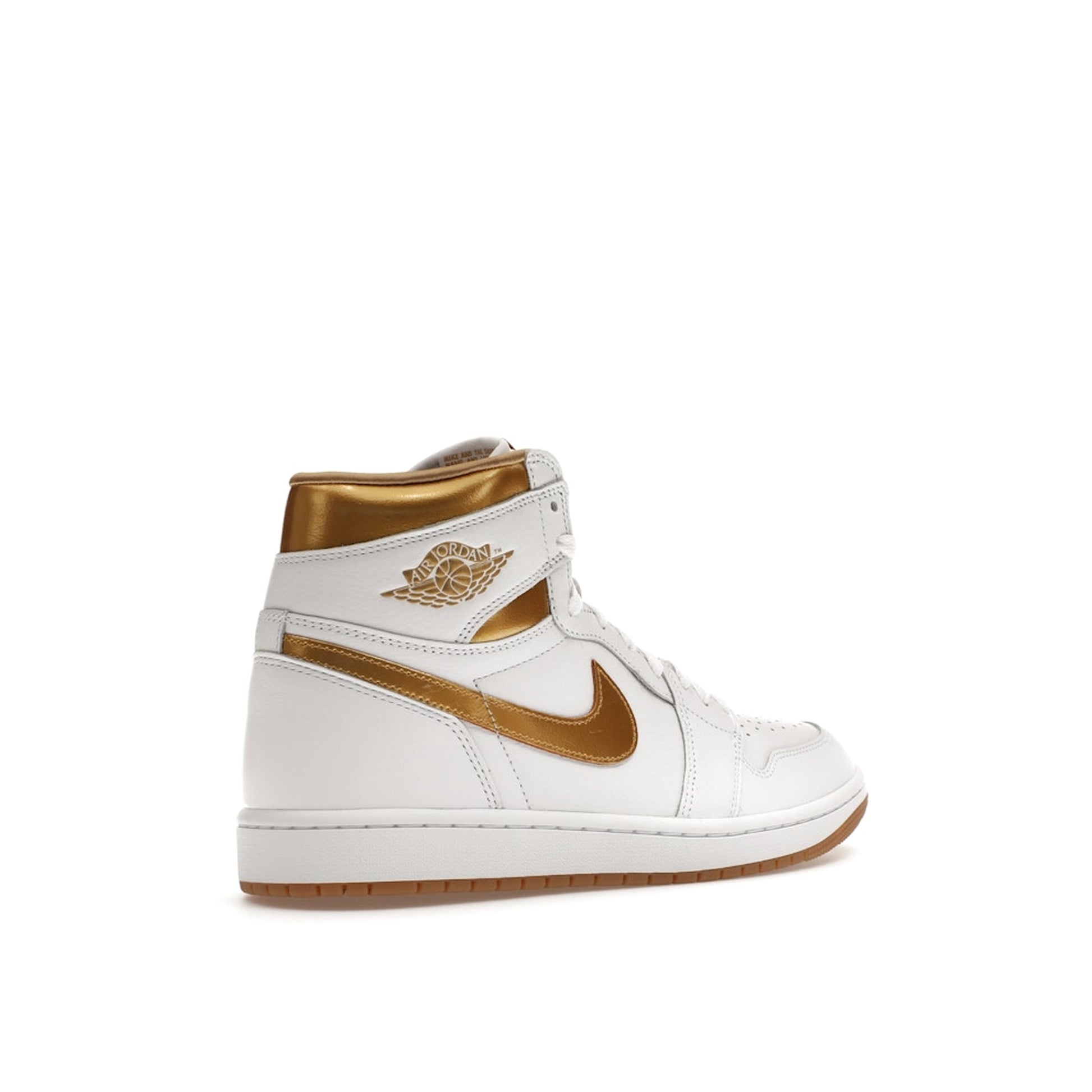 Jordan 1 Retro High OG Metallic Gold Women's sneakers, back view, model FD2596-107, in white with metallic gold details.