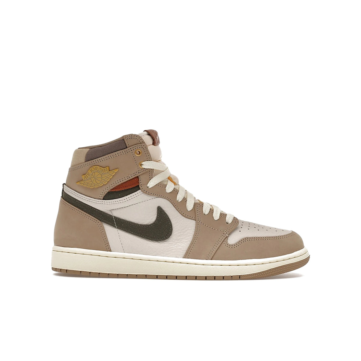 Jordan 1 Retro High OG Khaki women's leather sneakers in khaki, multi‑color, sail, cargo khaki, coconut milk and pecan