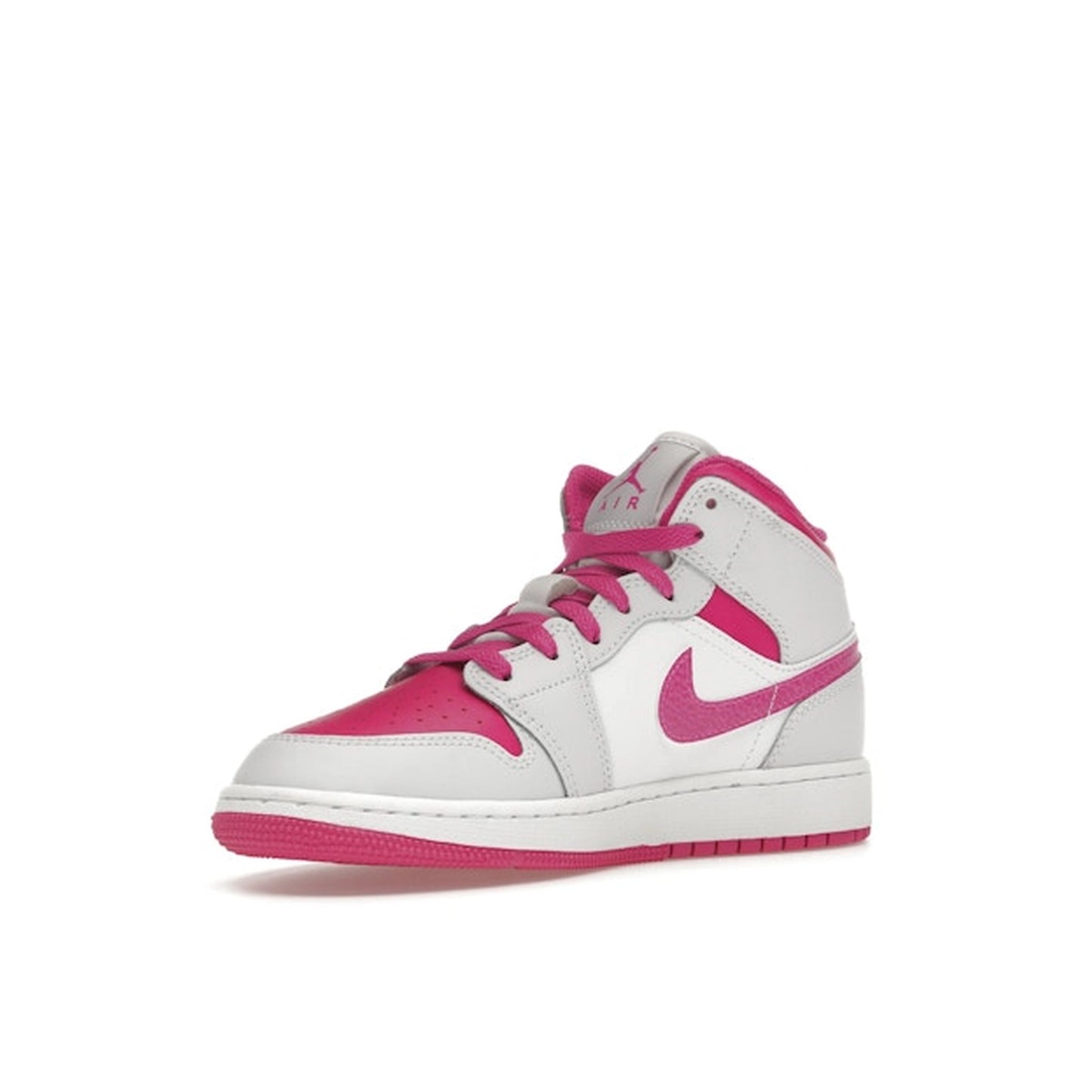 Jordan 1 Mid Fire Pink GS sneakers, front view, model FD8780-500, in vibrant fire pink with white accents.