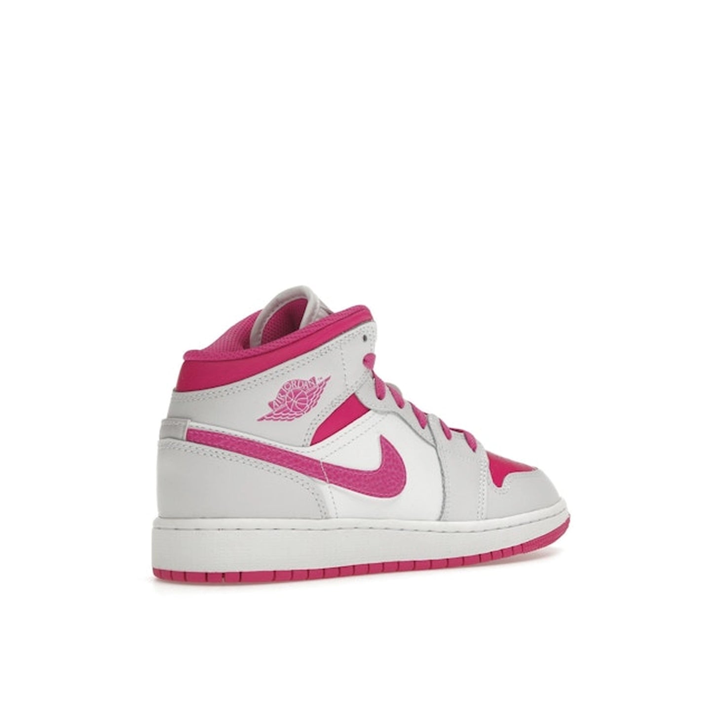 Jordan 1 Mid Fire Pink GS sneakers, back view, model FD8780-500, in vibrant fire pink with white accents.