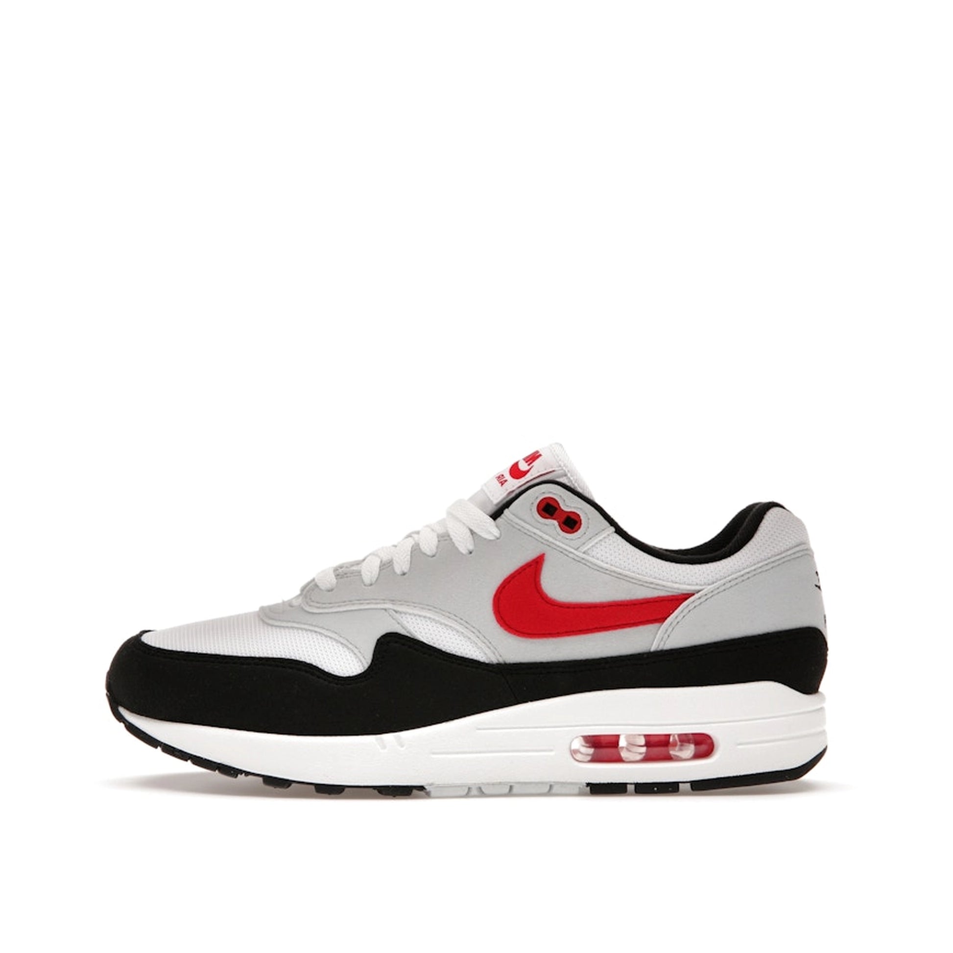 Nike Air Max 1 Chili 2.0 sneakers, side view, model FD9082-101 in white and red.