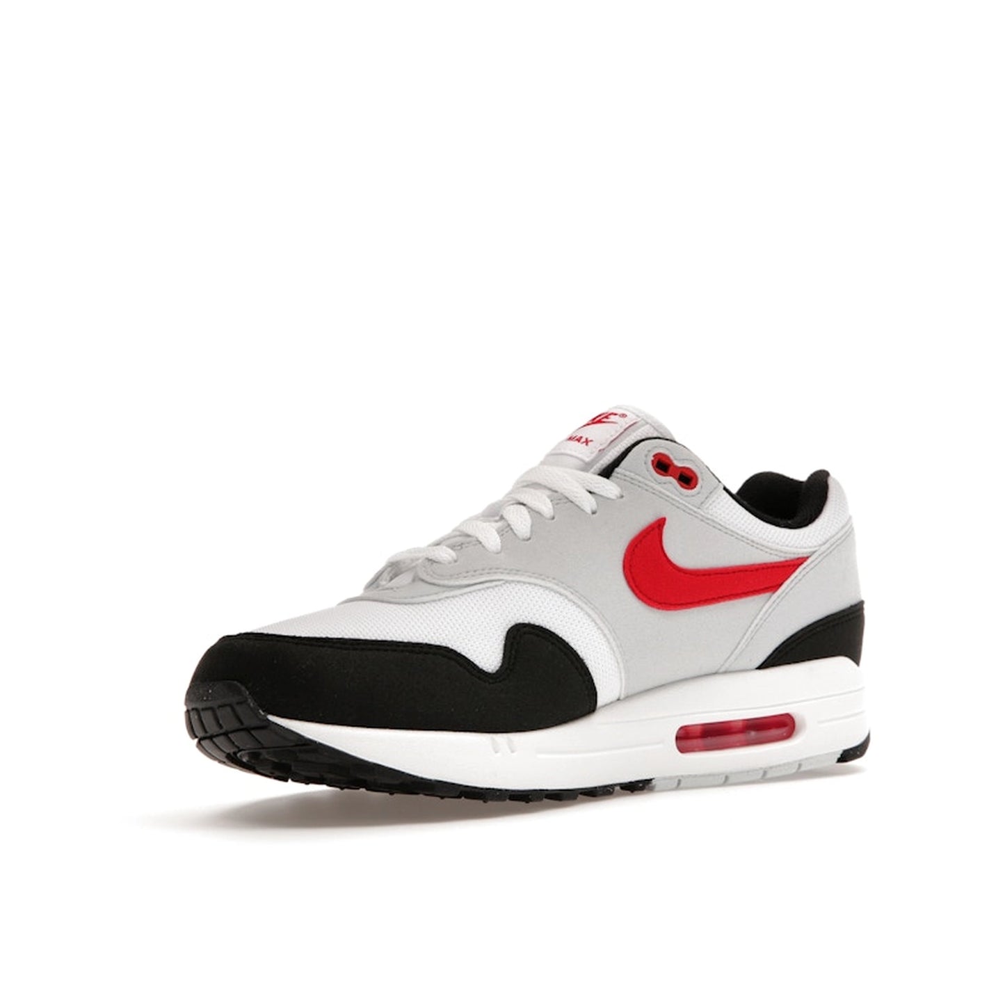 Nike Air Max 1 Chili 2.0 sneakers, front view, model FD9082-101 in white and red.