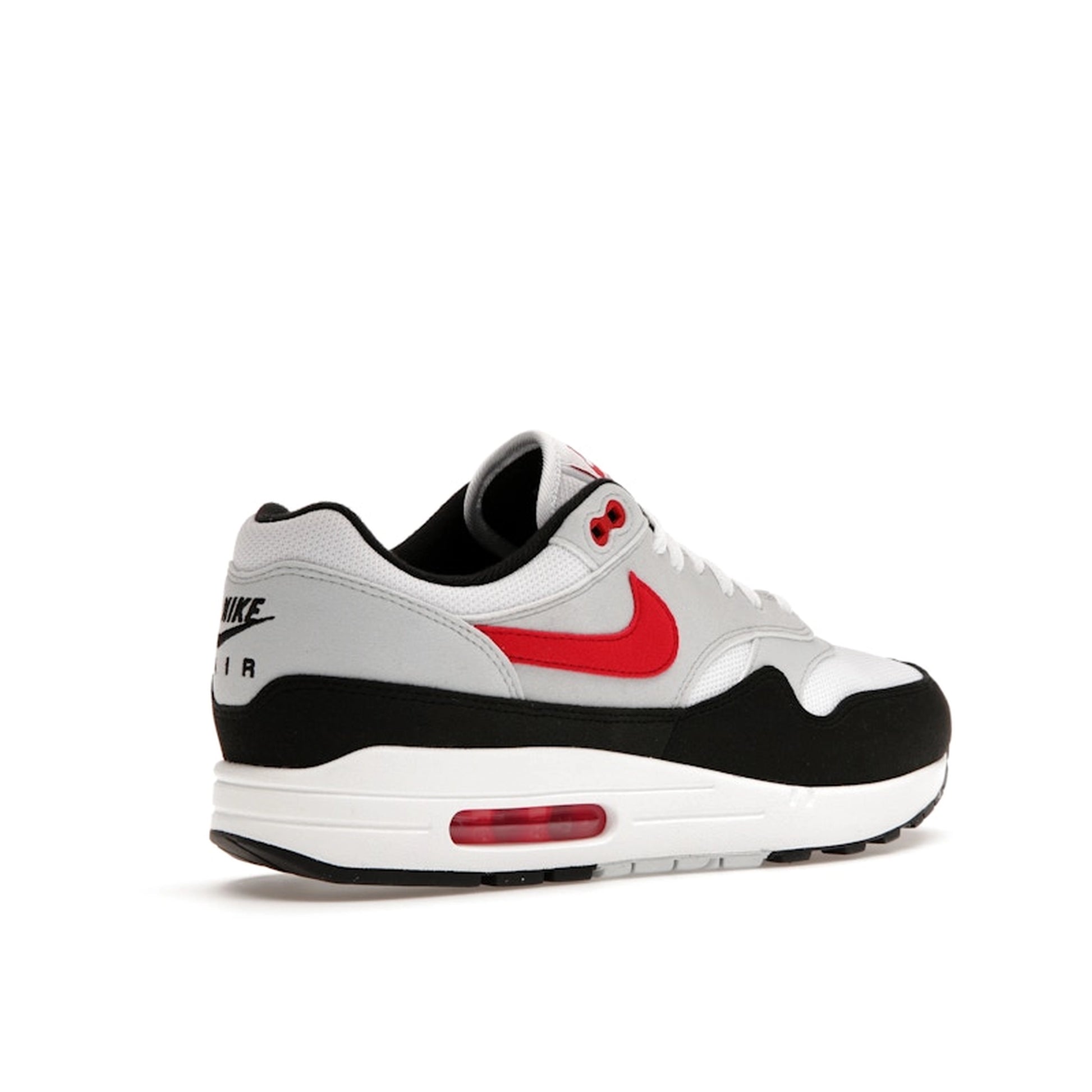 Nike Air Max 1 Chili 2.0 sneakers, back view, model FD9082-101 in white and red.