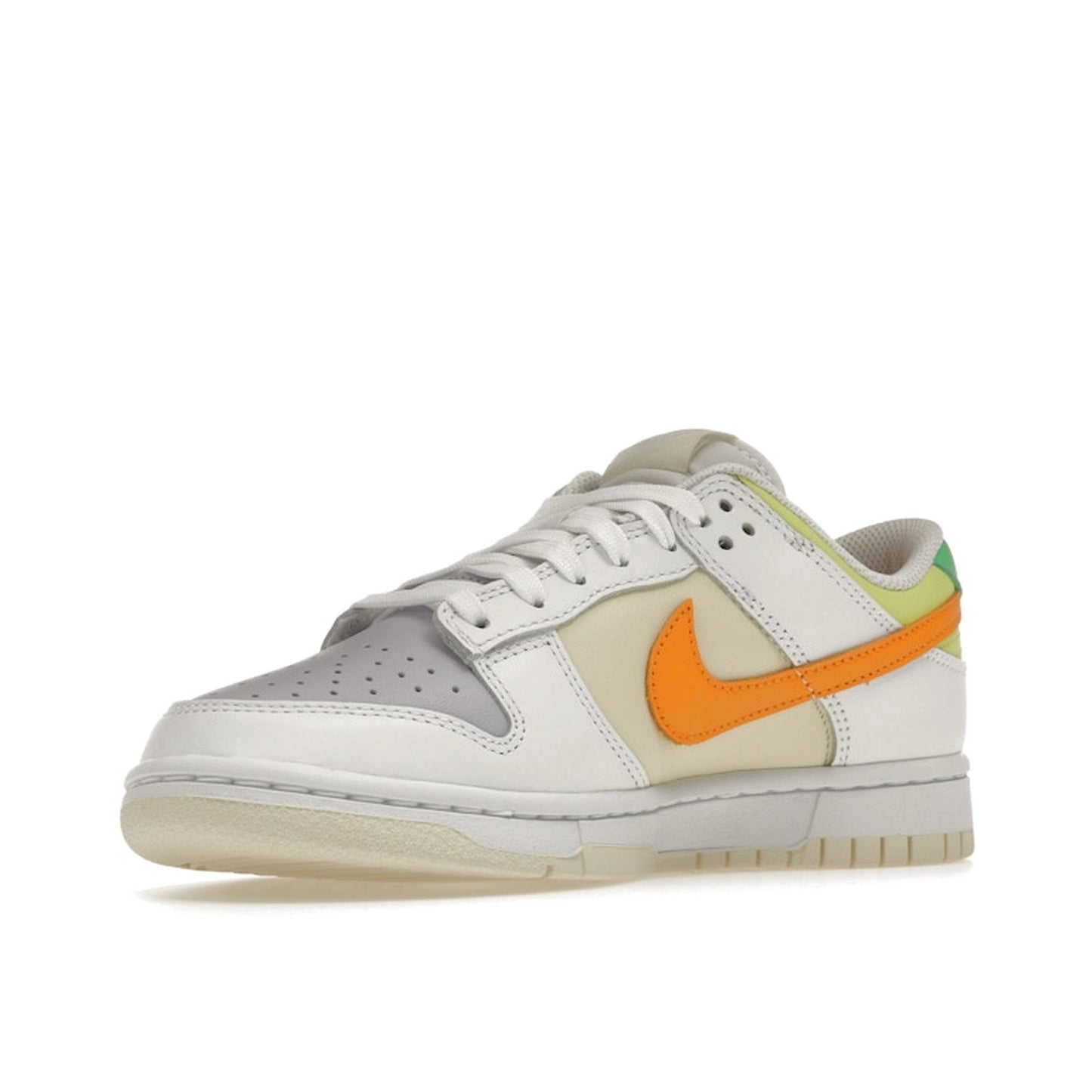 Nike Dunk Low Sundial sneakers, front view, model FJ4742-100 for women in white and sunrise color.