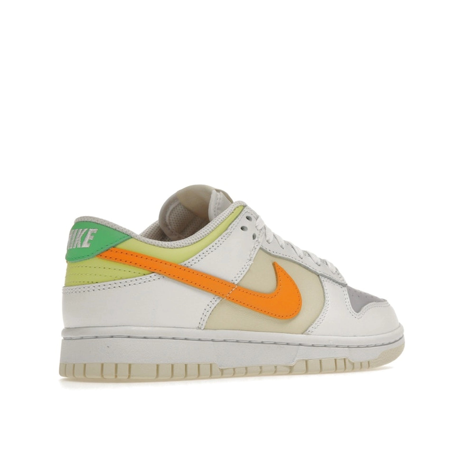 Nike Dunk Low Sundial sneakers, back view, model FJ4742-100 for women in white and sunrise color.