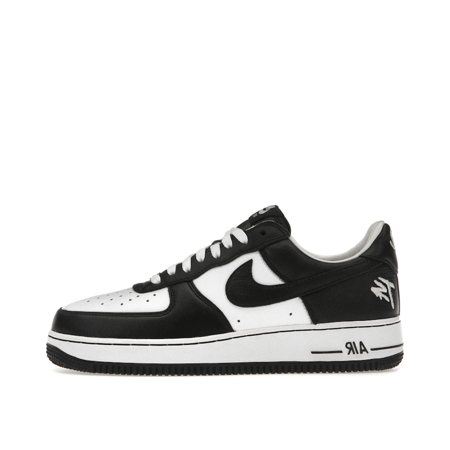 Nike Air Force 1 x Terror Squad sneakers, side view, model FJ5756-100 in black with white details.