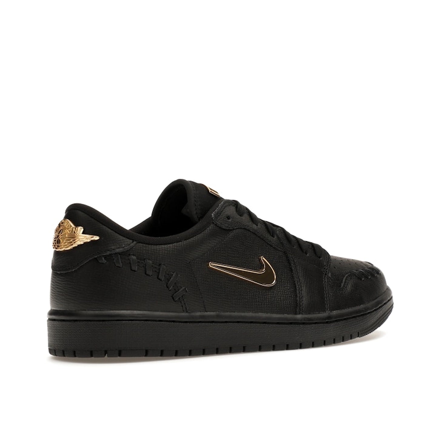 Jordan 1 Low Method of Make sneakers, back view, model FN5032-007, women's, black with metallic gold accents.