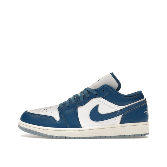 Jordan 1 Low Industrial Blue sneakers, side view, in white with blue and black details.