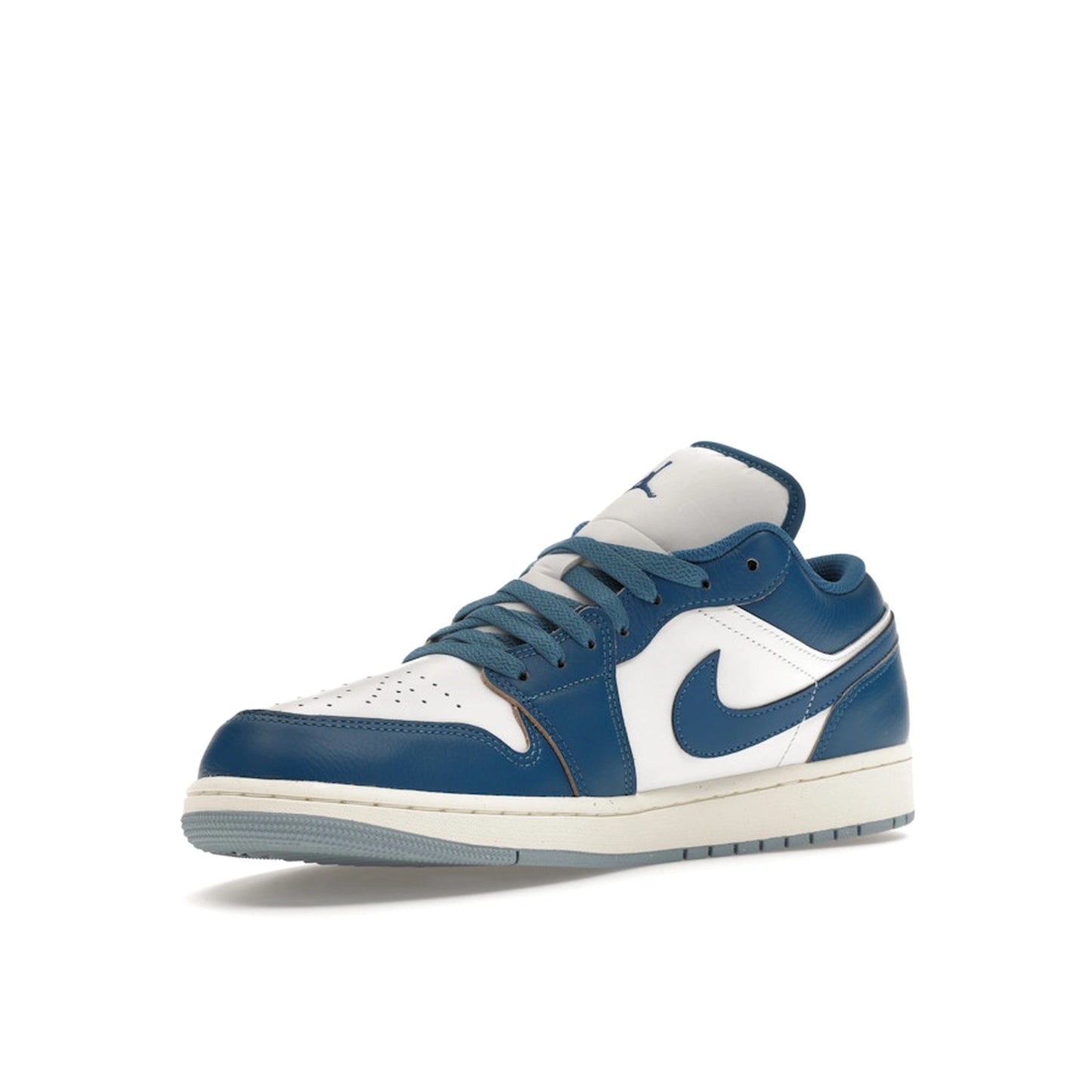 Jordan 1 Low Industrial Blue sneakers, front view, in white with blue and black details.