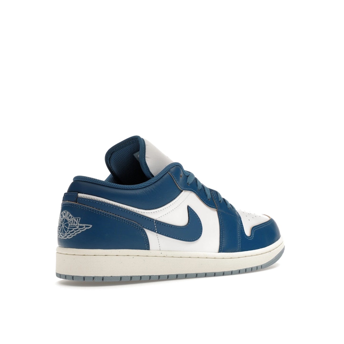 Jordan 1 Low Industrial Blue sneakers, back view, in white with blue and black details.