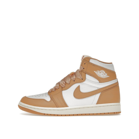 Jordan 1 Retro High OG Praline sneakers, side view, model FN6622-201, combining praline tones with satin ribbon laces.