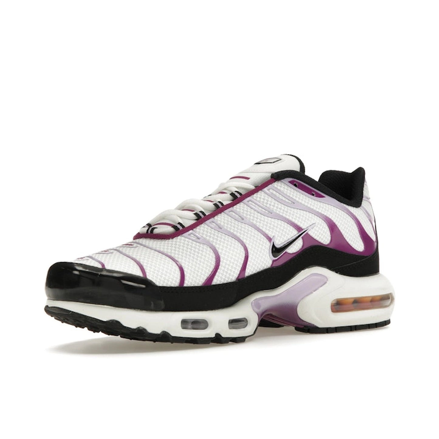 Nike Air Max Plus Lilac Bloom FN6949-100, front view, in soft white with lilac gradient overlays.
