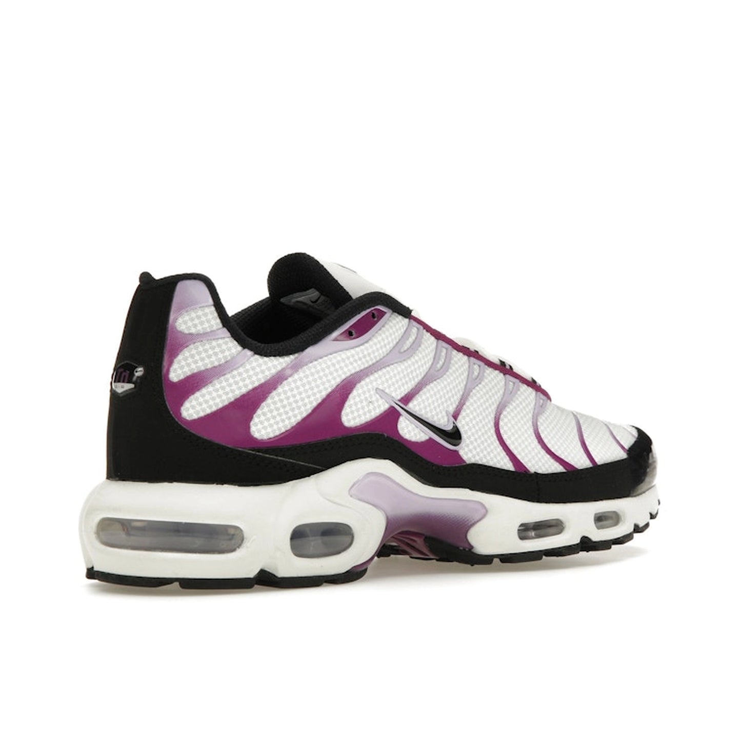 Nike Air Max Plus Lilac Bloom FN6949-100, back view, in soft white with lilac gradient overlays.