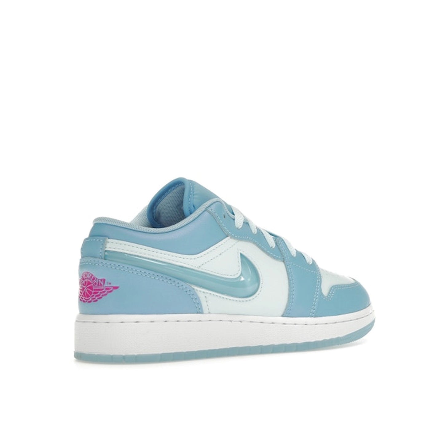 Jordan 1 Low SE sneakers (GS), back view, model FN7366-400, in Aquarius Blue with white details.