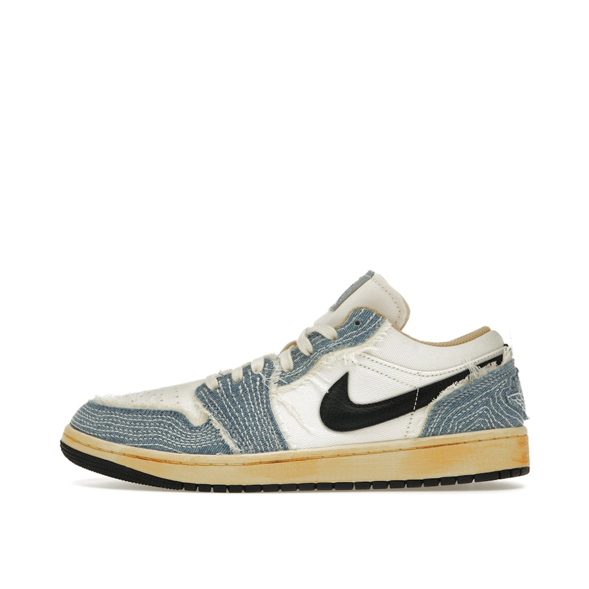 Air Jordan 1 Low SE WRMK Sashiko sneakers, side view, model FN7670-493, blue with sashiko stitching.