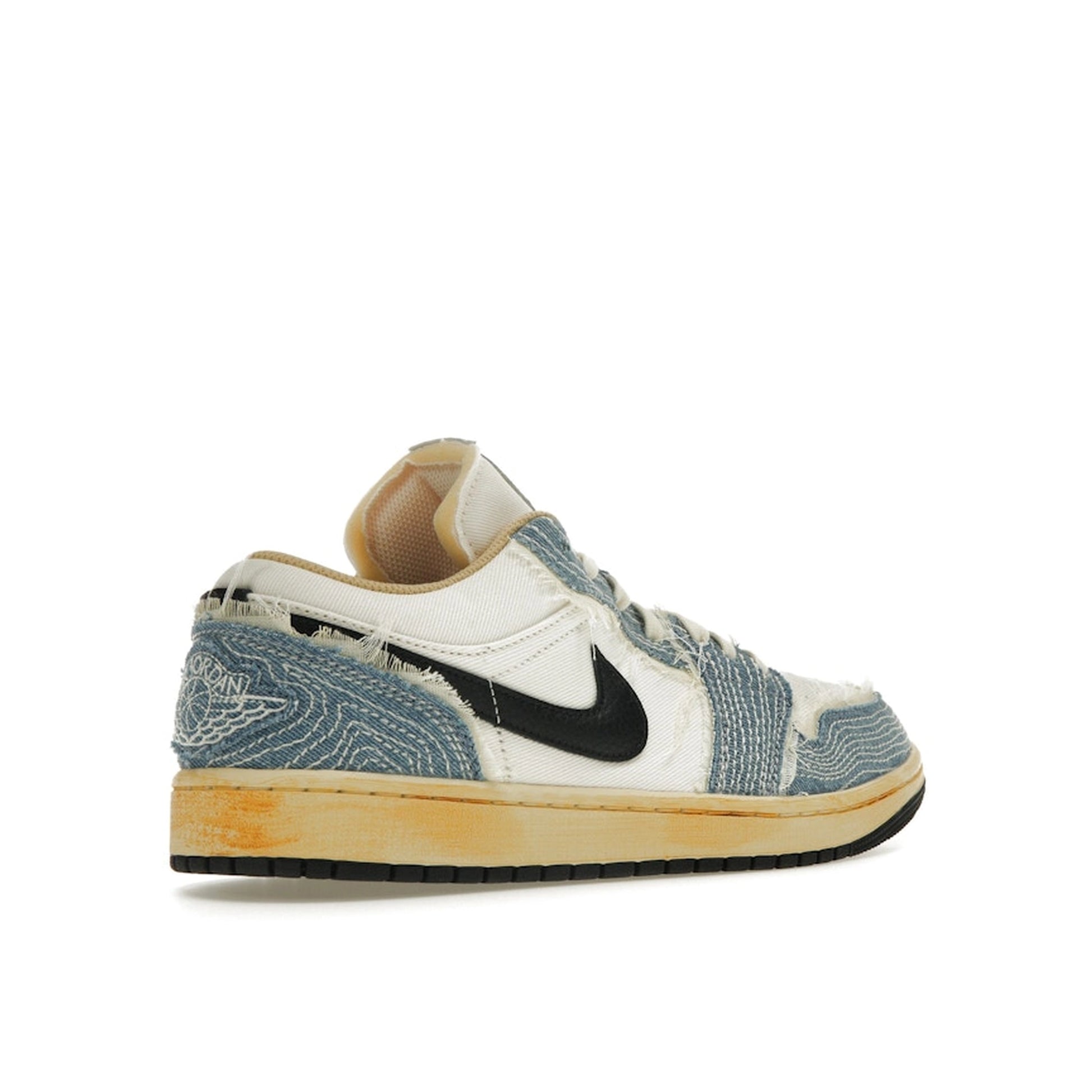 Air Jordan 1 Low SE WRMK Sashiko sneakers, back view, model FN7670-493, blue with sashiko stitching.