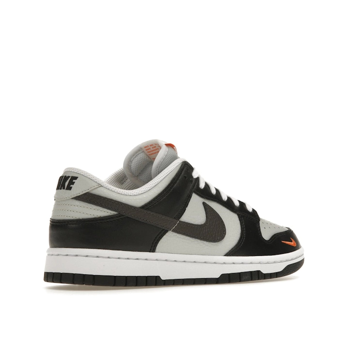 Nike Dunk Low Black Total Orange Mini Swoosh sneakers, back view, model FN7808-001 in black and orange.