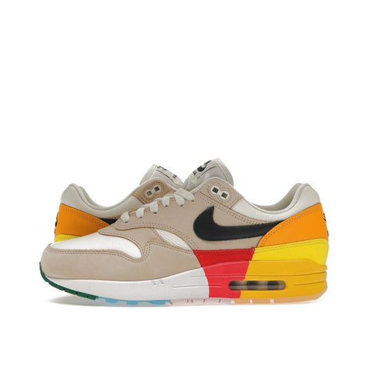 Nike Air Max 1 Women's sneakers, side view, model FQ2538-100, in khaki and multi-color.