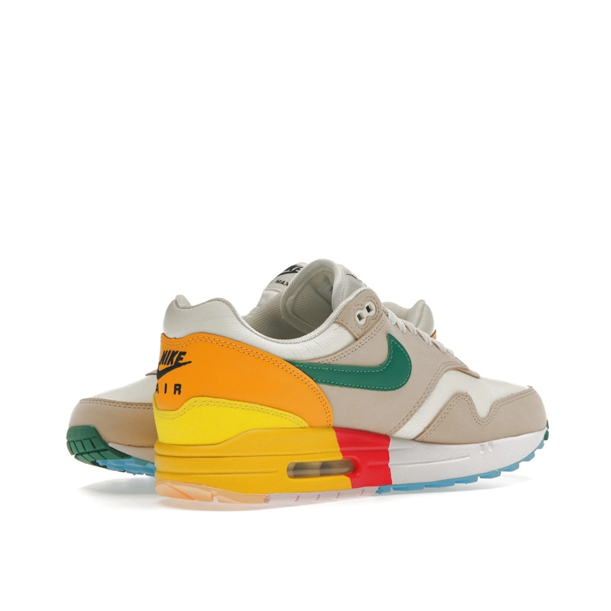 Nike Air Max 1 Women's sneakers, front view, model FQ2538-100, in khaki and multi-color.