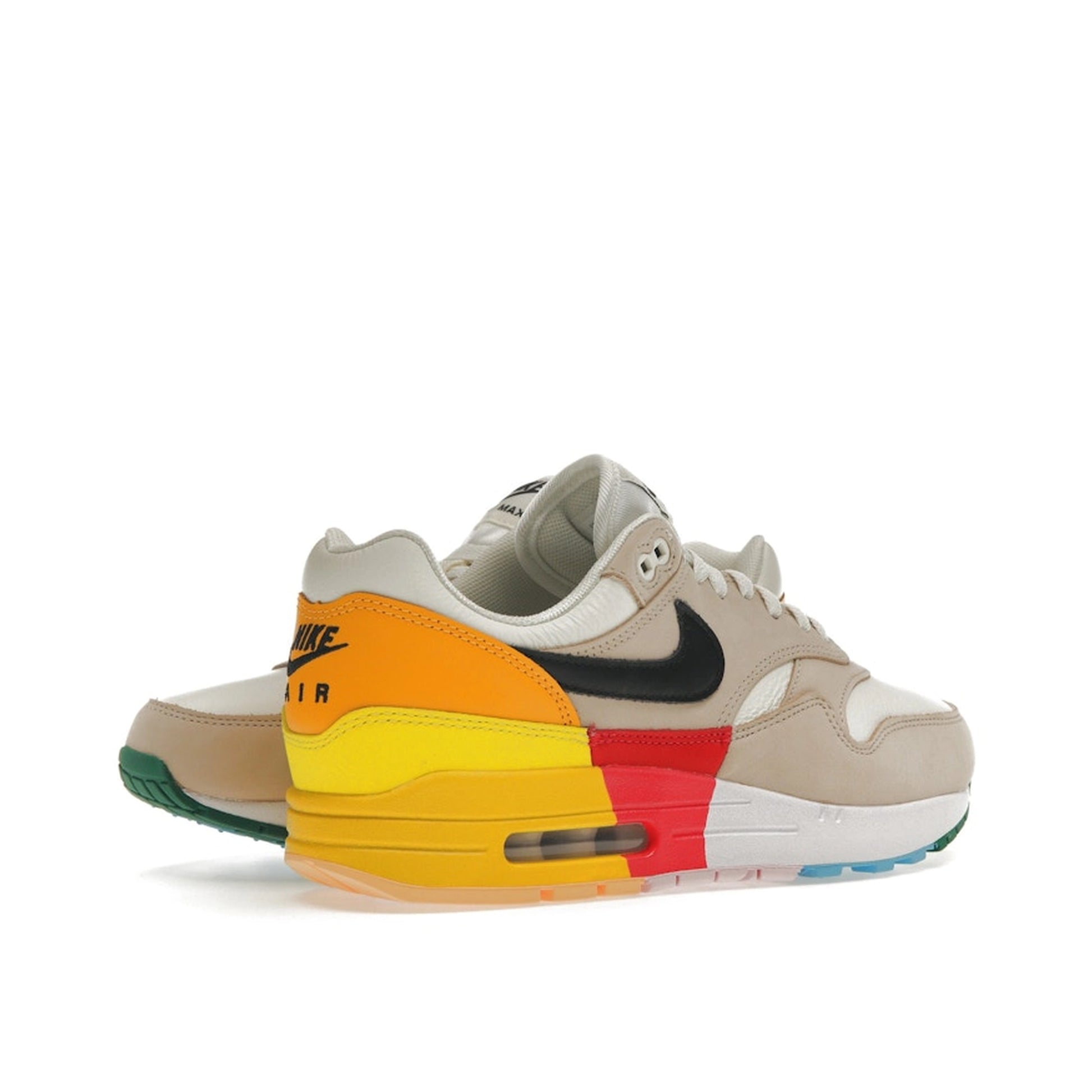 Nike Air Max 1 Women's sneakers, back view, model FQ2538-100, in khaki and multi-color.