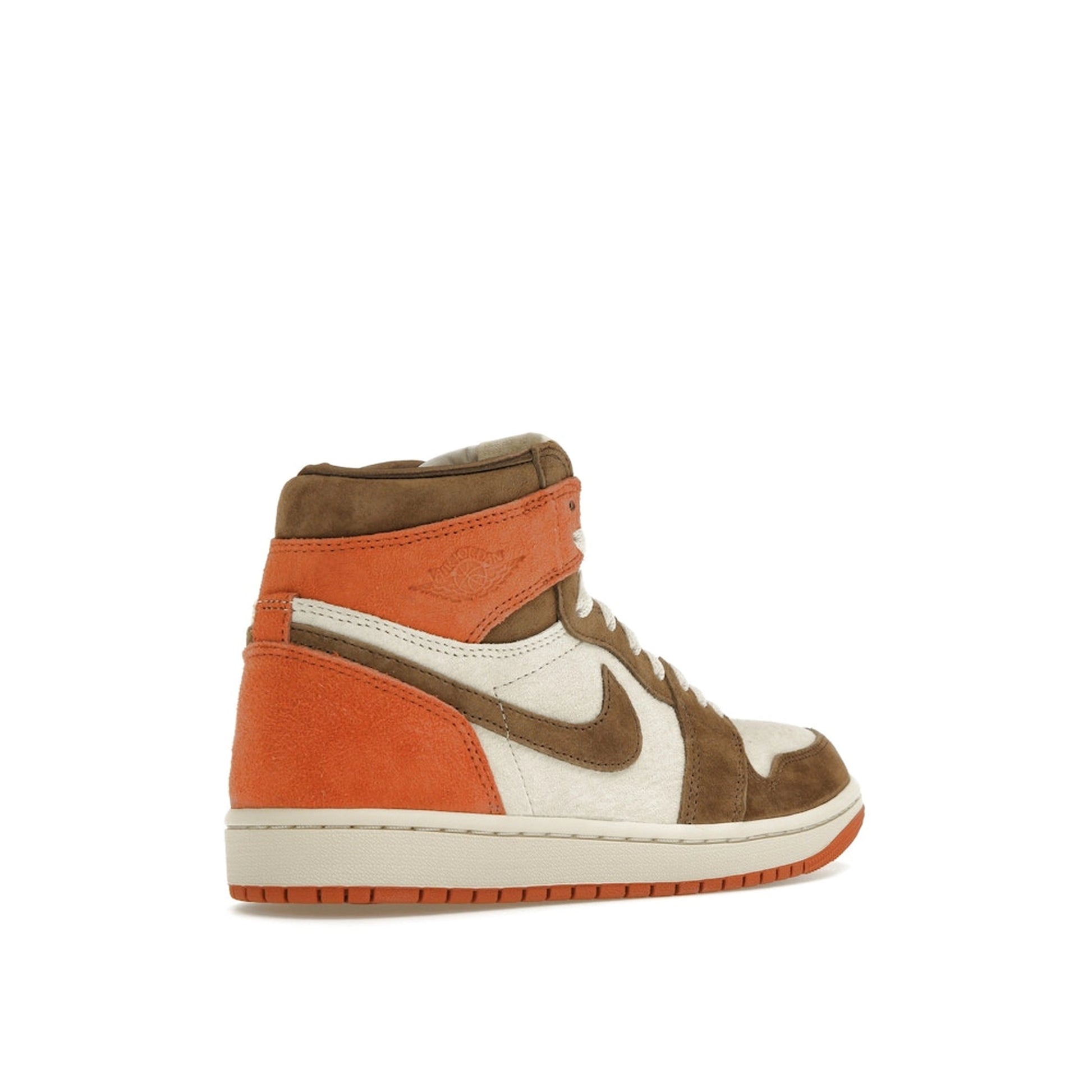 Jordan 1 Retro High OG SP Dusted Clay Women's sneakers, back view, model FQ2941-200, in brown and light pink.