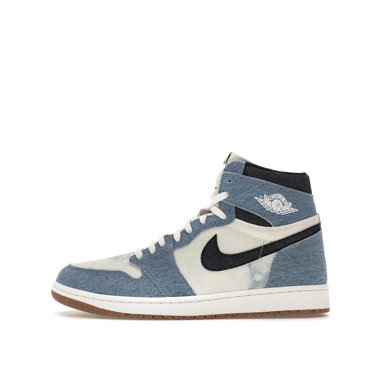 Jordan 1 Retro High OG Denim sneakers, side view, model FQ2947-100, in white with denim detailing.