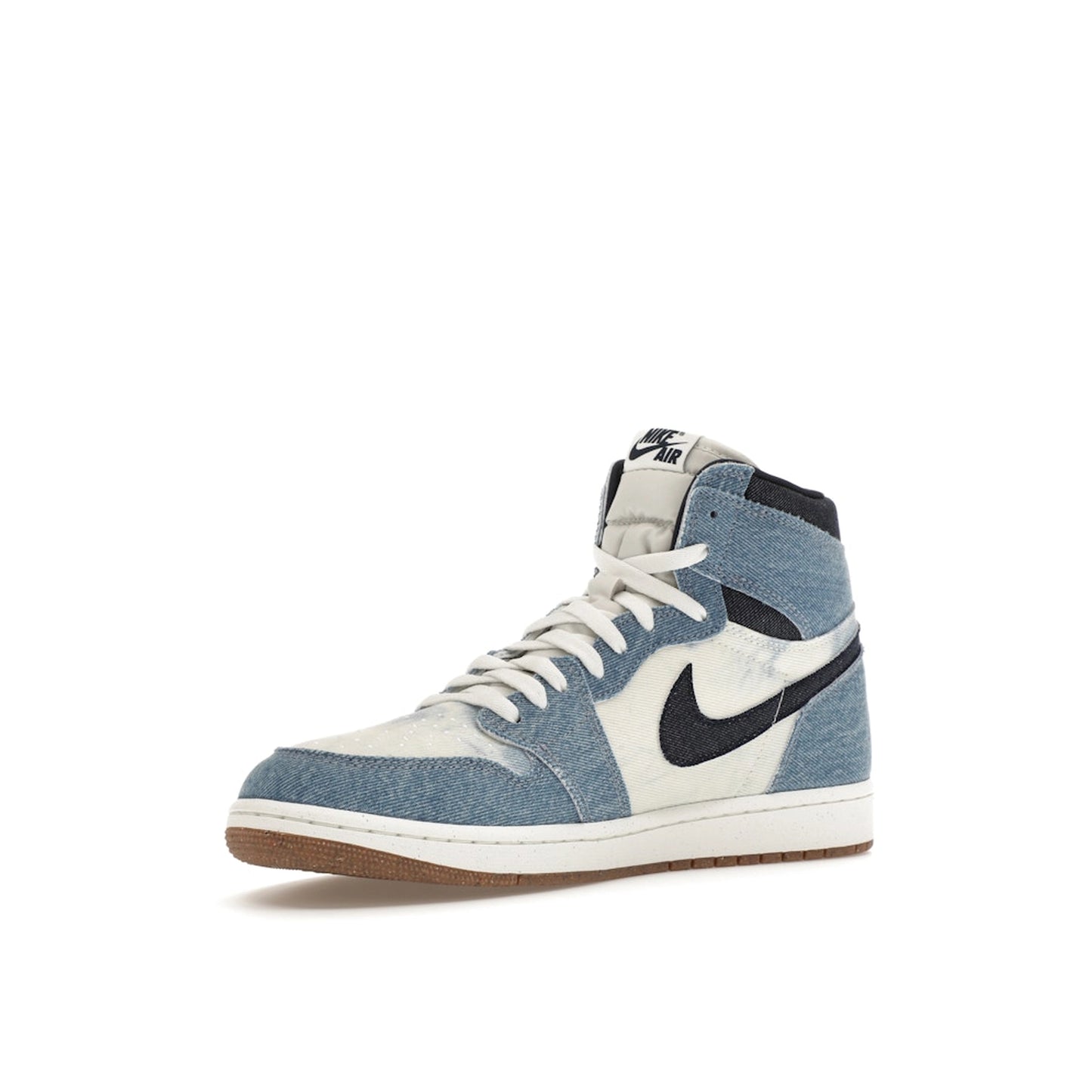 Jordan 1 Retro High OG Denim sneakers, front view, model FQ2947-100, in white with denim detailing.