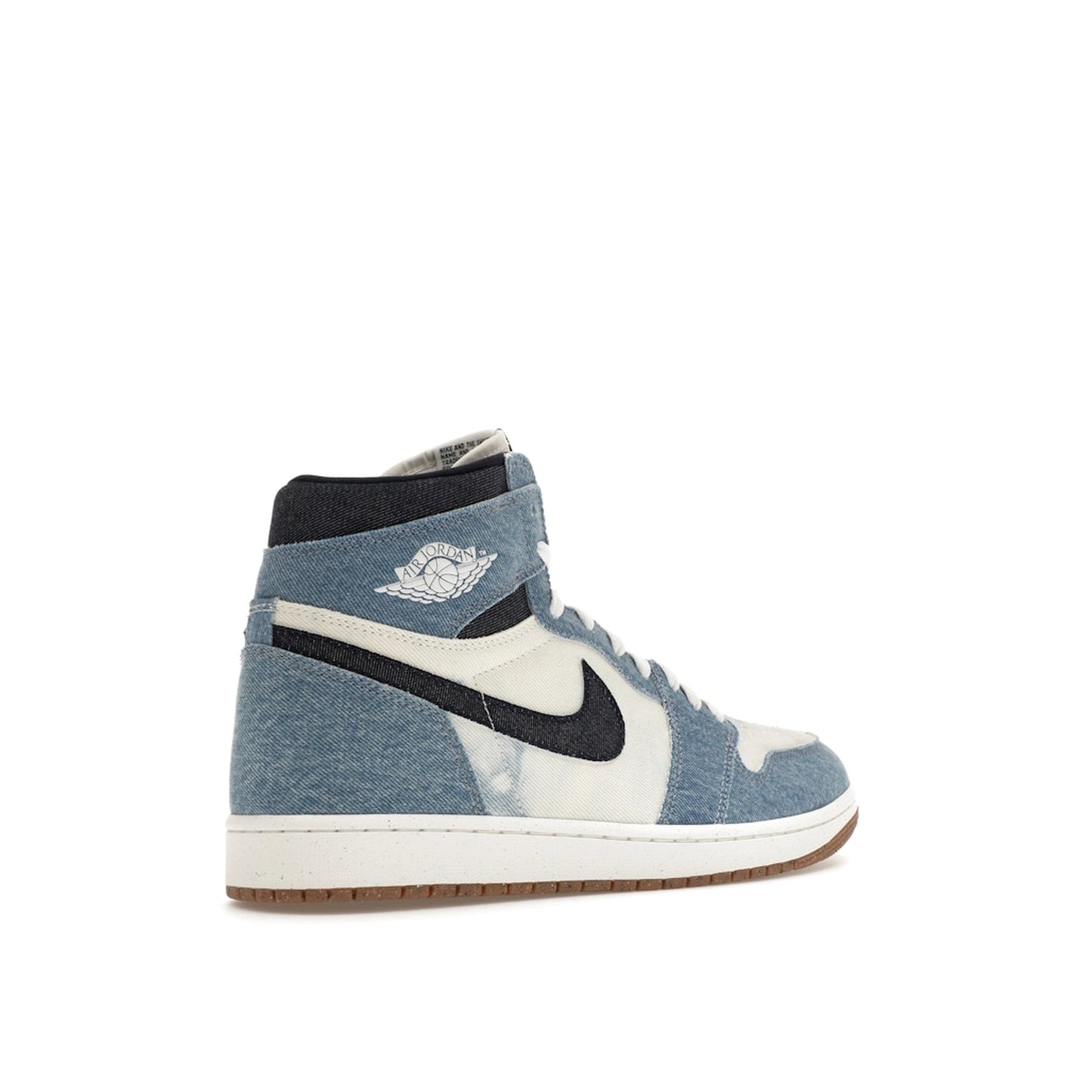 Jordan 1 Retro High OG Denim sneakers, back view, model FQ2947-100, in white with denim detailing.