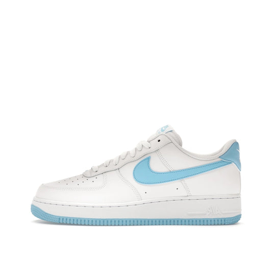 Nike Air Force 1 Low 07 White Aquarius Blue sneakers, side view, model FQ4296-100, white with aquarius blue accents.