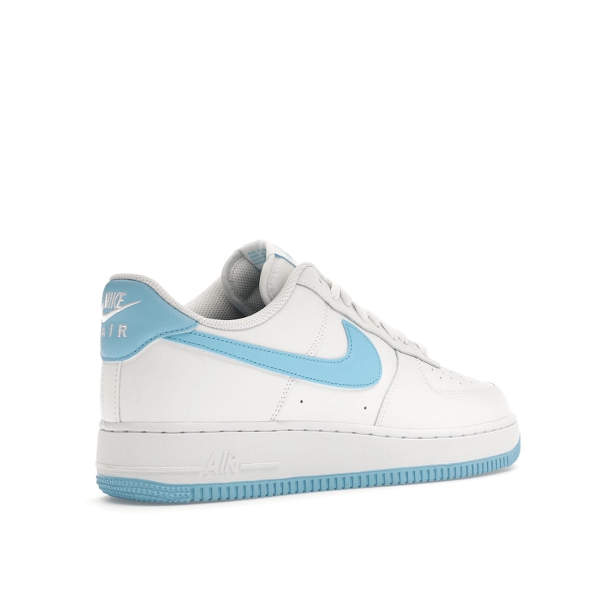 Nike Air Force 1 Low 07 White Aquarius Blue sneakers, back view, model FQ4296-100, white with aquarius blue accents.