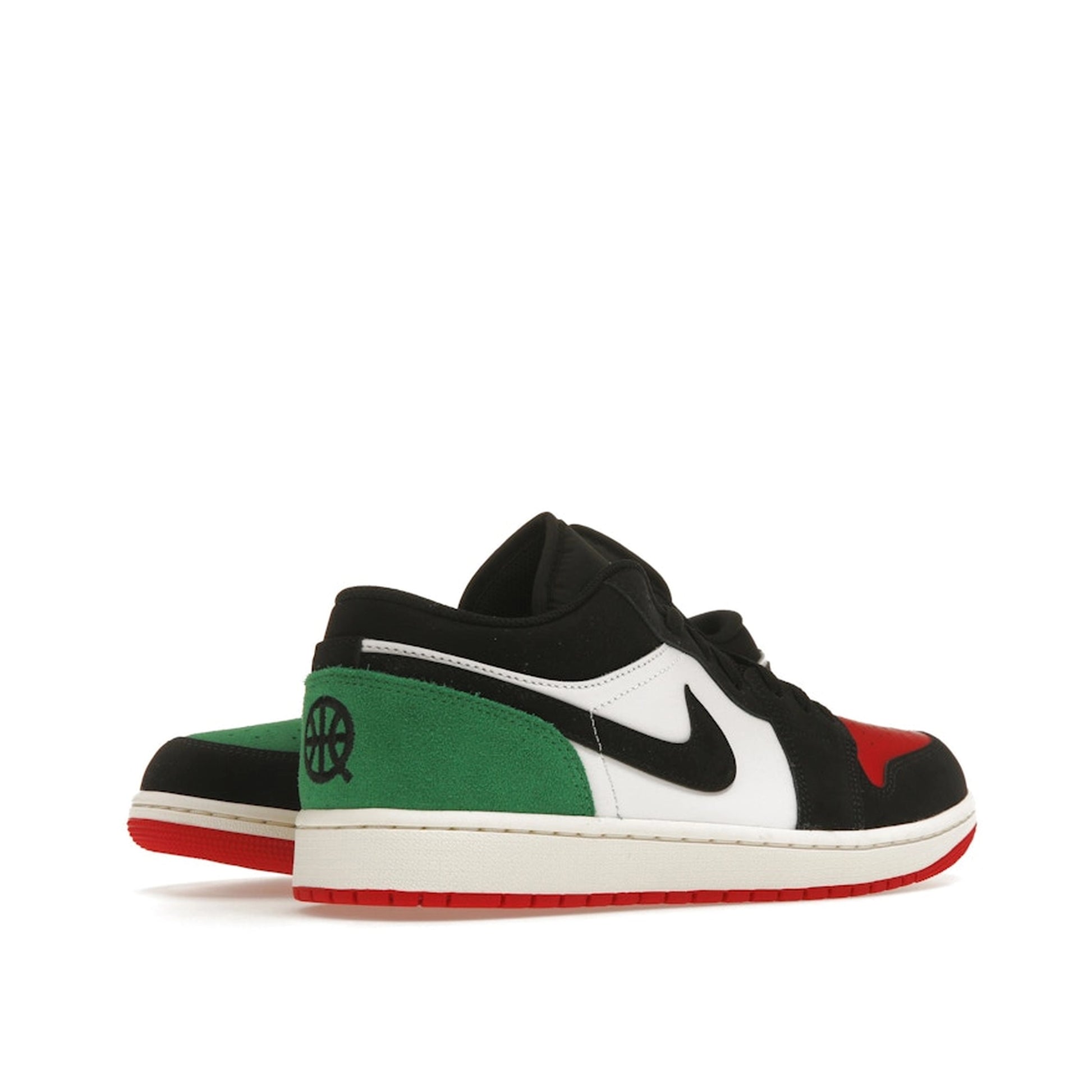 Air Jordan 1 Low Quai 54 2023 sneakers, back view, model FQ6703-100, white with multicolored accents.