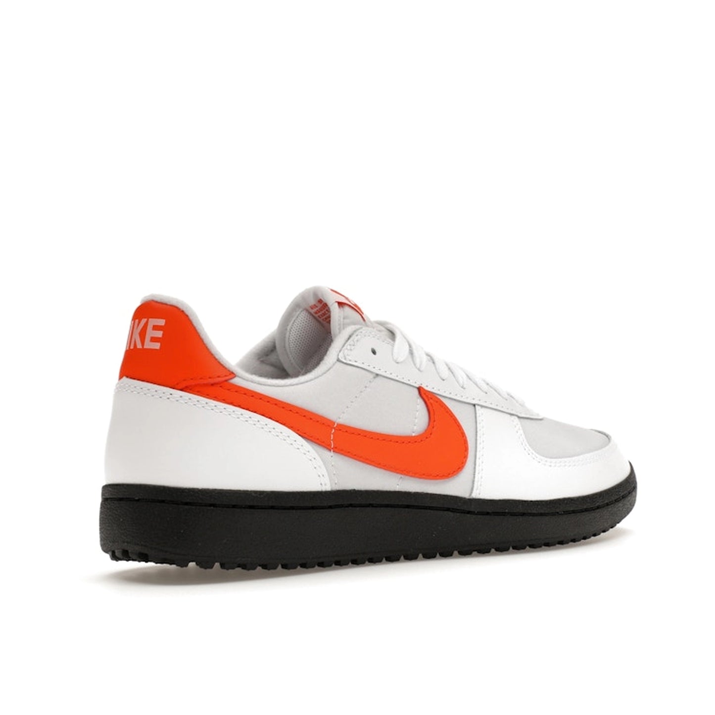 Nike Field General ’82, back view, in white leather with orange blaze swoosh and details.