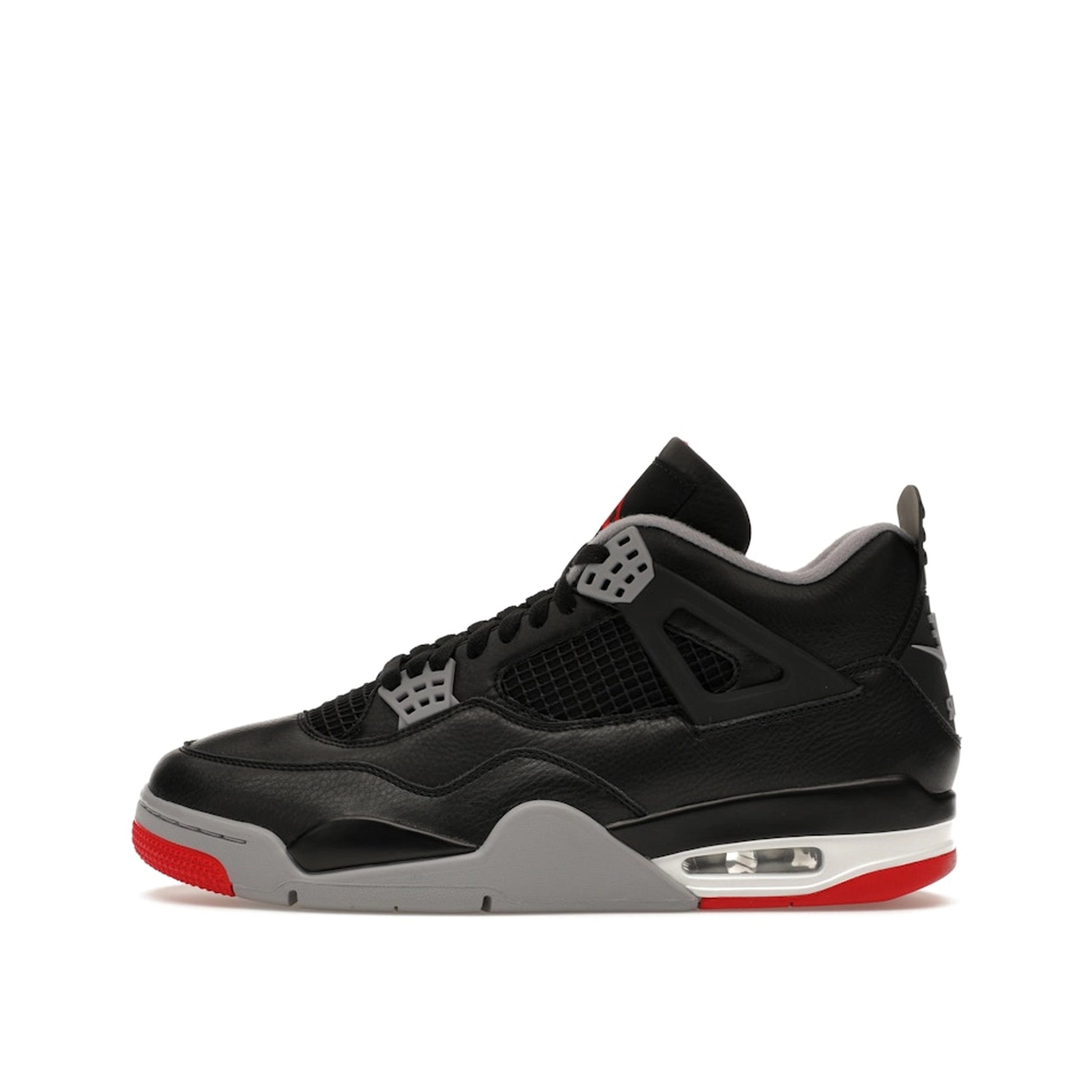 Air Jordan 4 Retro Bred Reimagined sneakers, side view, model FV5029-006, in black with red accents.