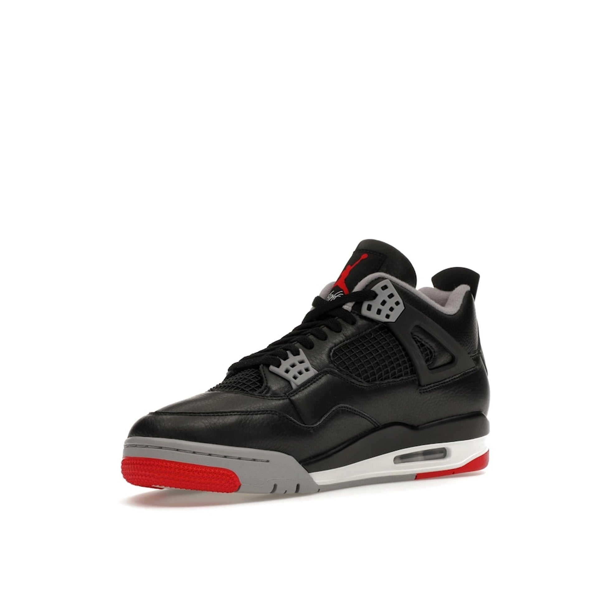 Air Jordan 4 Retro Bred Reimagined sneakers, front view, model FV5029-006, in black with red accents.