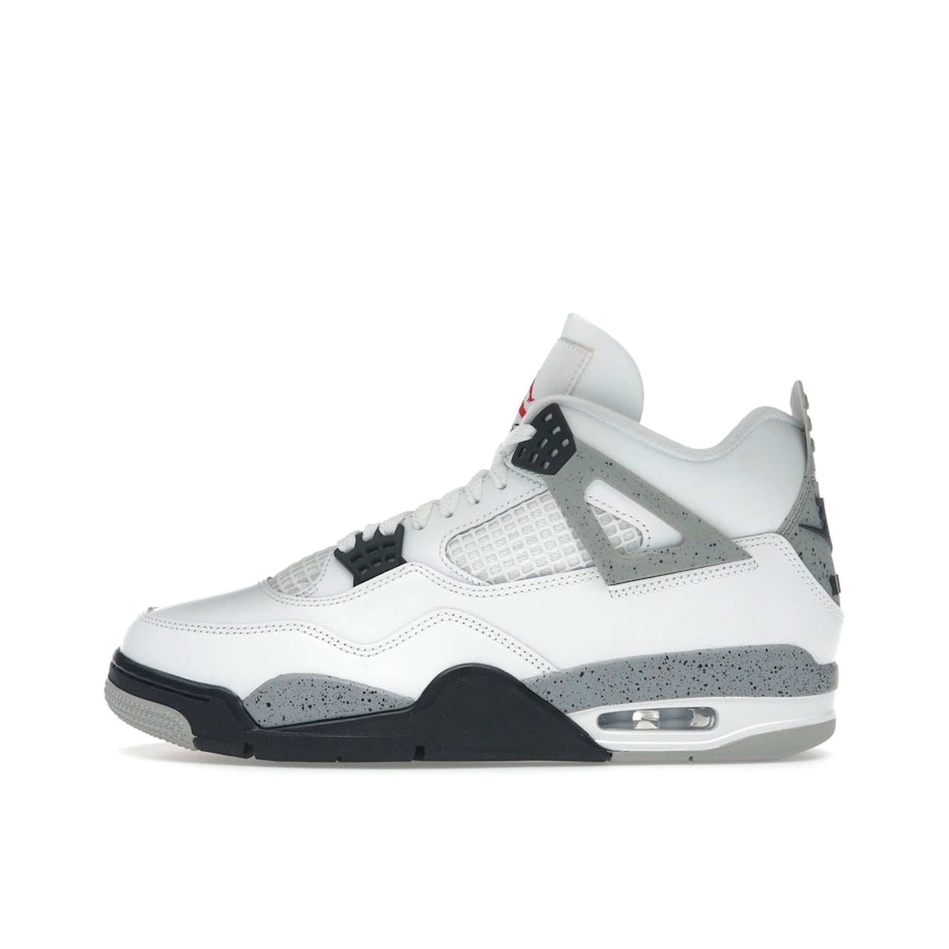 Jordan 4 Retro White Cement 2025 FV5029-100, side view, in white leather with speckled cement grey accents.